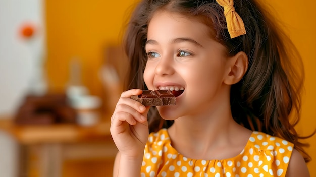 Portrait of happy child eating delicious chocolate