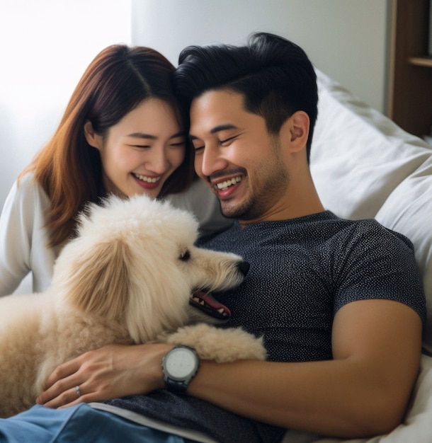 Free photo portrait of happy couple with dog