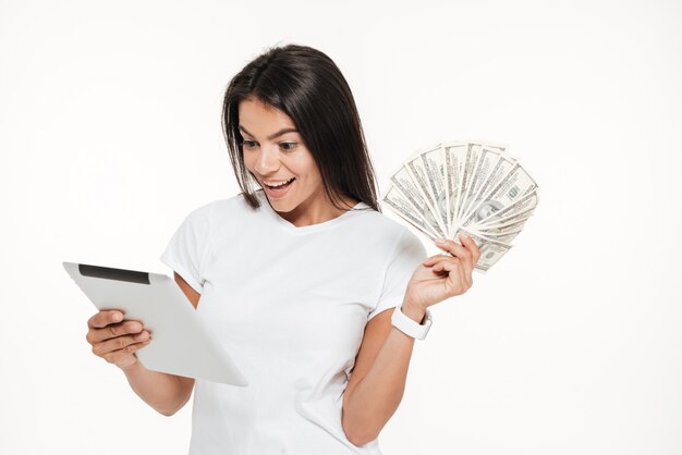 Portrait of a happy excited woman looking at tablet computer