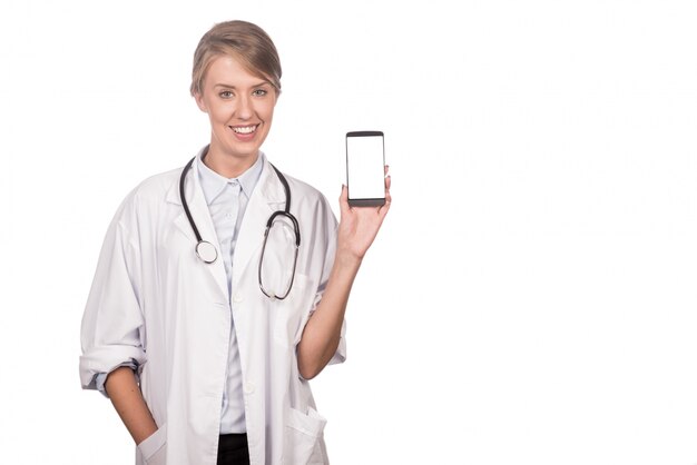 Portrait of happy female doctor promoting smart phone. Horizonta