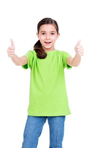 Portrait of happy girl showing thumbs up gesture, isolated over white background.