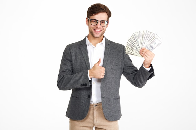 Portrait of happy satisfied man in eyeglasses and a jacket