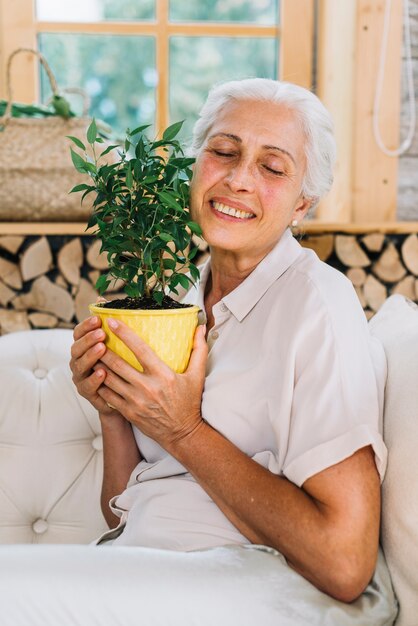 Portrait of happy senior woman loving her pot plant