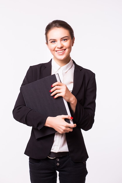 Portrait of happy smiling business woman with black folder, isolated on white wall