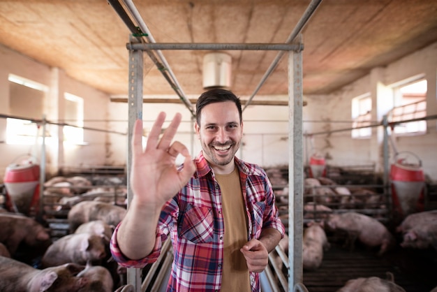 Foto gratuita ritratto di contadino sorridente felice che mostra segno giusto all'allevamento di suini