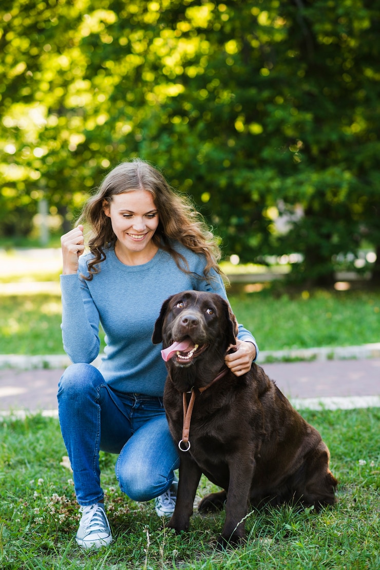 Free Photo portrait of a happy woman and her dog in garden