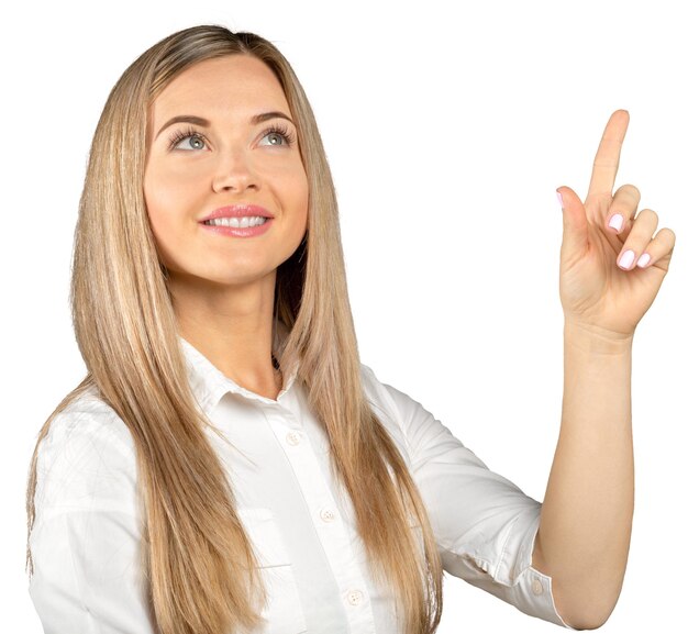 Portrait of happy woman isolated over white background