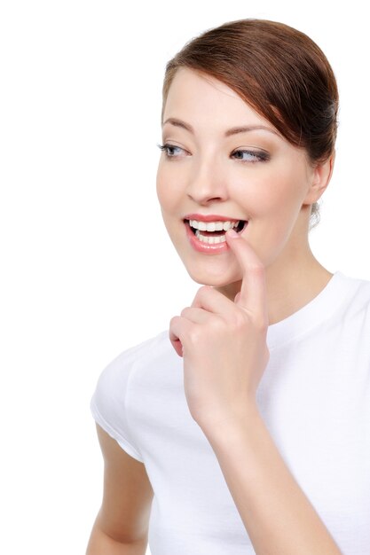 Portrait of happy woman looking side with interest