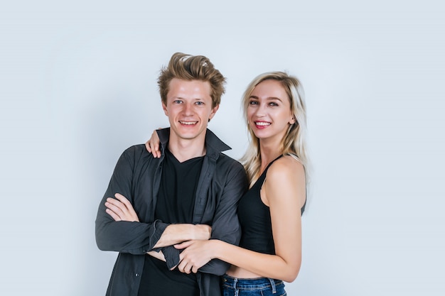 Portrait of happy young couple love together with flower 