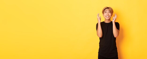 Portrait of hopeful worried asian man cross fingers good luck begging look up standing yellow backgr