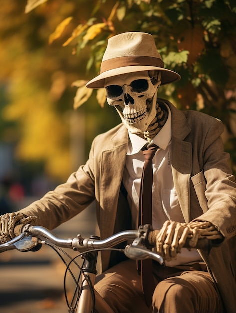 Free photo portrait of human skeleton riding bike