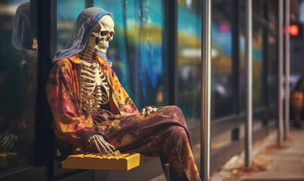 Portrait of human skeleton sitting on bench waiting for mean of transport