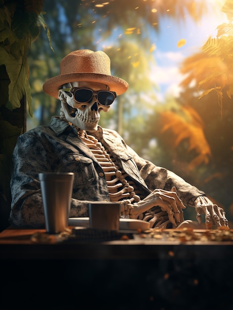 Portrait of human skeleton sitting at a cafe