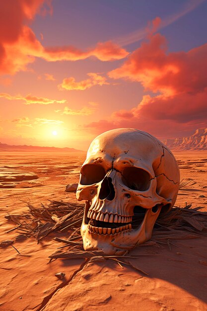 砂漠の中の人間の骸骨の頭蓋骨の肖像画