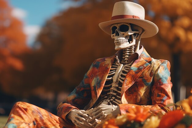 Free photo portrait of human skeleton skull sitting on grass