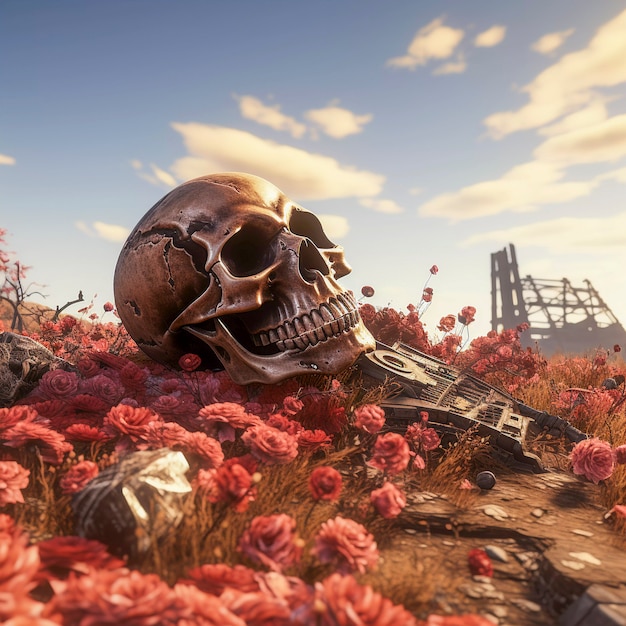 Ritratto del cranio dello scheletro umano con fiori