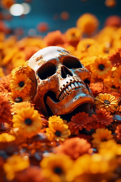Portrait of human skeleton skull with flowers