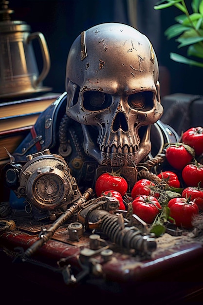 Portrait of human skeleton skull with metal