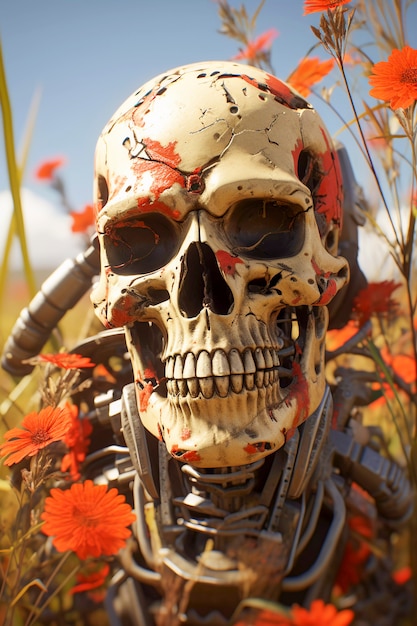 Free photo portrait of human skeleton skull with vegetation