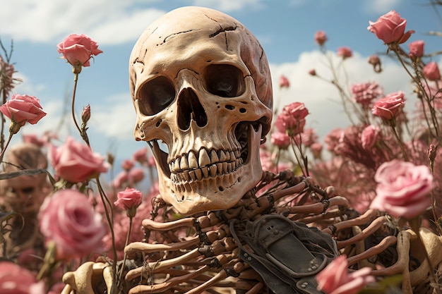 Portrait of human skeleton skull with vegetation