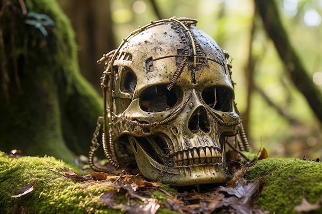 Portrait of human skeleton skull with vegetation