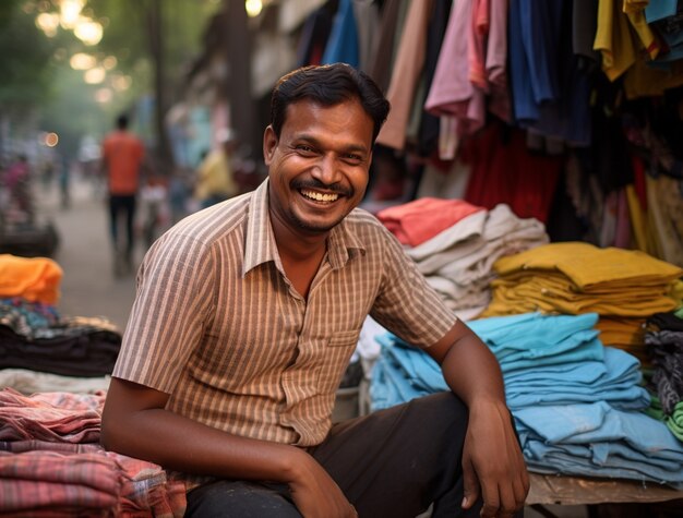 生地を販売するインド人の肖像画