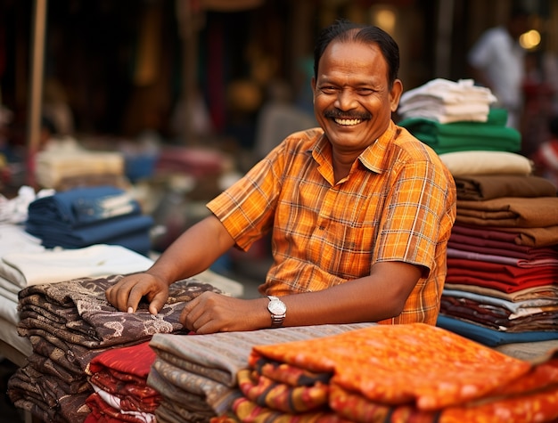 Foto gratuita ritratto di uomo indiano che vende tessuti