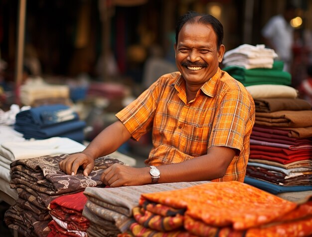 生地を販売するインド人の肖像画