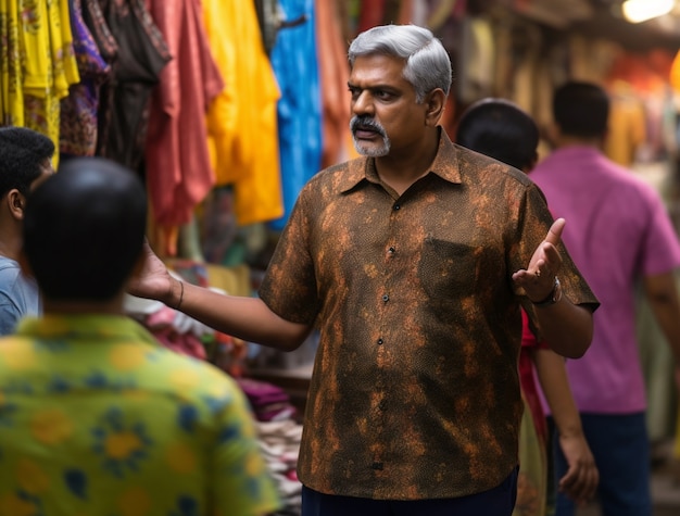 Free photo portrait of indian man selling fabrics