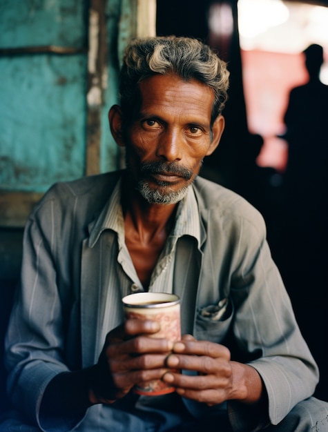 Free photo portrait of indian man with beverage
