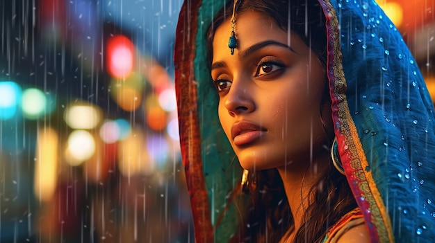 Free photo portrait of indian woman in rain