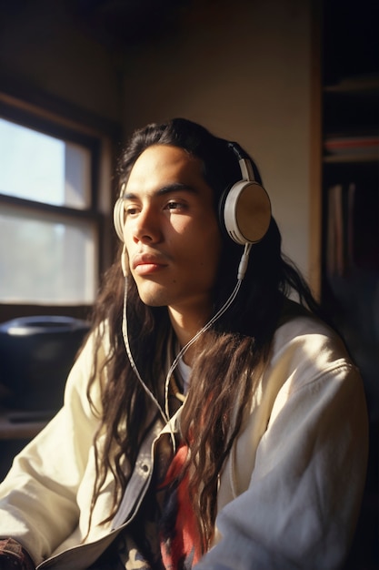 Free photo portrait of indigenous man with headphones