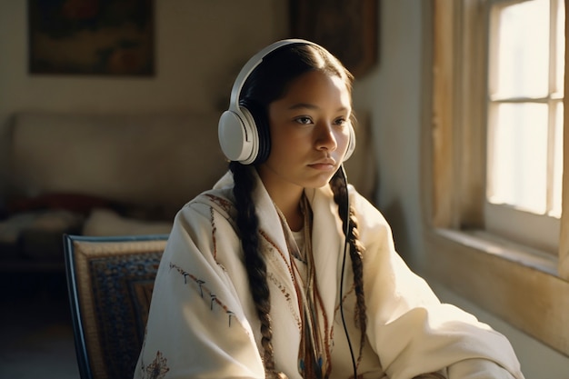 Free photo portrait of indigenous woman with headphones