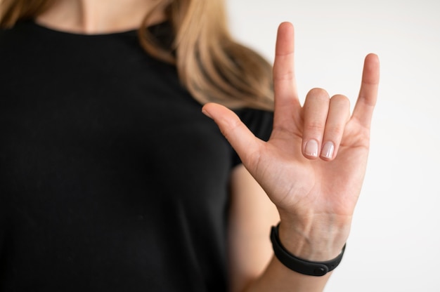 Portrait of interpreter teaching sign language