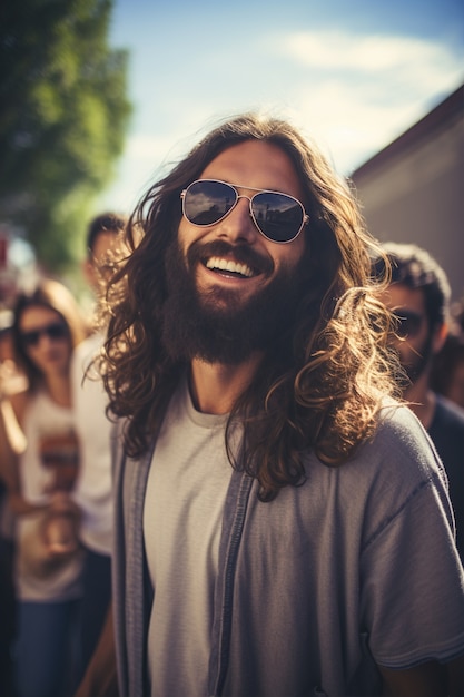 Free photo portrait of jesus doing contemporary things in modern world