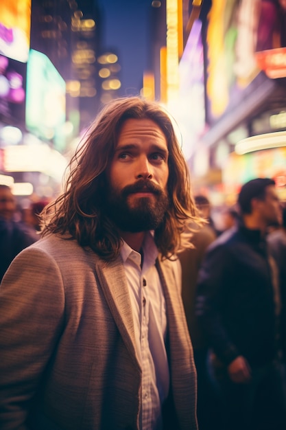 Free photo portrait of jesus doing contemporary things in modern world