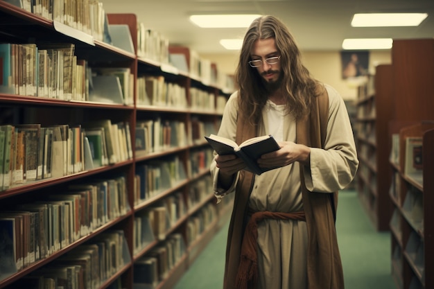 Free photo portrait of jesus doing contemporary things in modern world