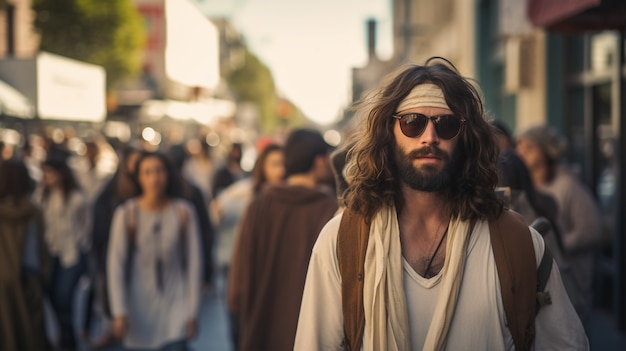 Free photo portrait of jesus in modern world doing contemporary things