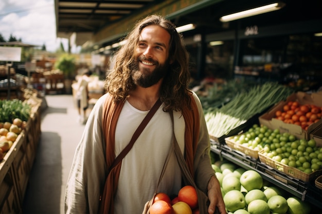 Free photo portrait of jesus in modern world doing contemporary things