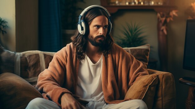 Portrait of jesus in modern world doing contemporary things