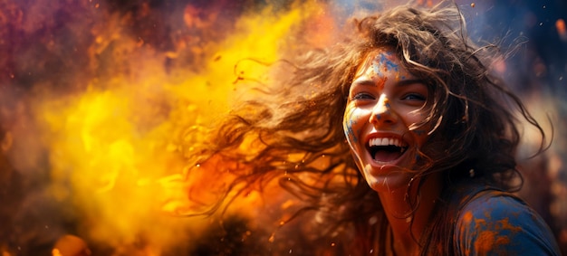 Portrait of a joyful young woman in the midst of a battle on hali holiday the girl looks