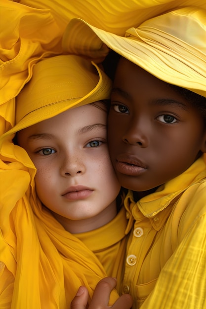 黄色い服を着た子供たちの肖像画