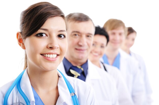 Portrait of laughing cheerful doctor's faces taking line