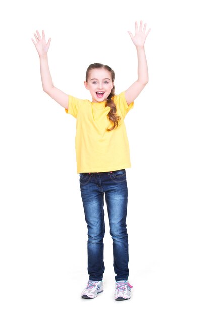 Portrait of laughing cute happy girl with raised hands up - isolated on white background.