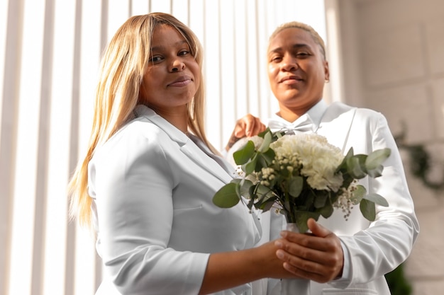 Portrait of lesbian women during their wedding ceremony