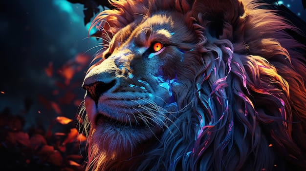 Portrait of a lion in a dark forest