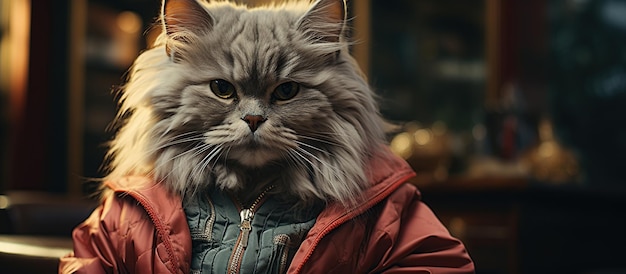 赤いジャケットを着た長髪の猫の肖像画
