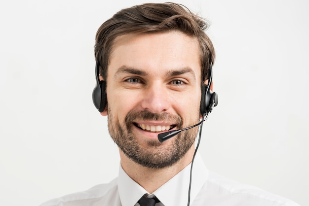 Portrait of male call center agent