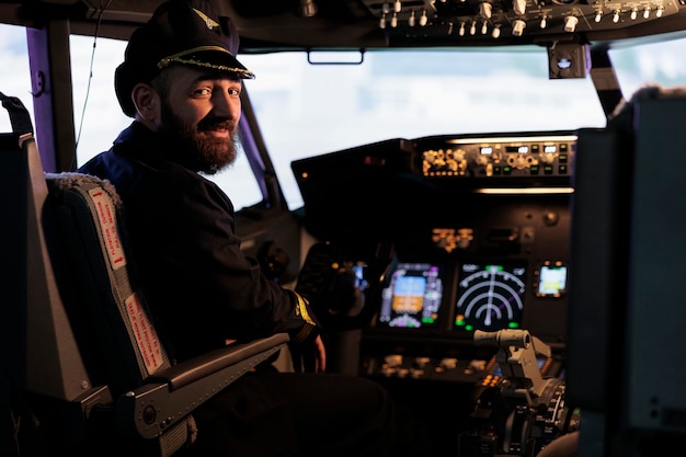 Portrait of male captain sitting in cabin ready to fly airplane with dashboard command buttons and power engine. Pilot flying jet for international transportation, using control panel switch.