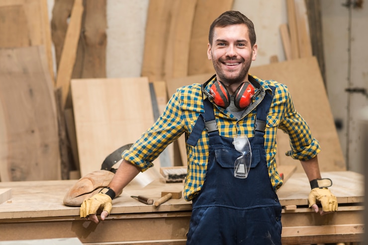 Free Photo portrait of a male carpenter standing in front of workbench